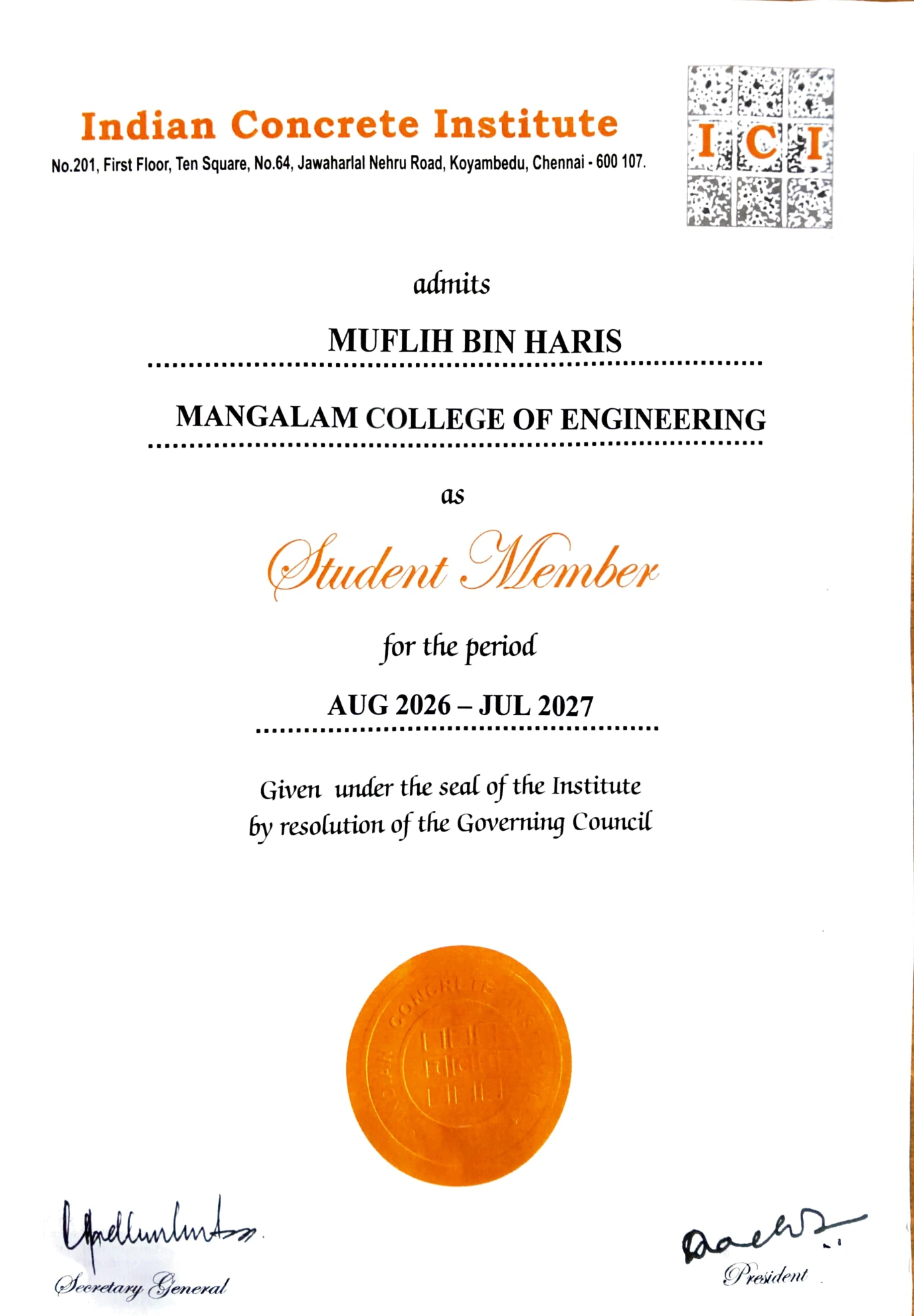 ICI Student Member Certificate - Muflih Bin Haris
