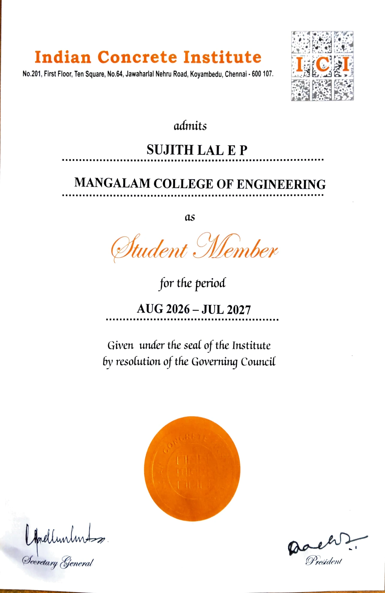 ICI Student Member Certificate - Sujith Lal E P